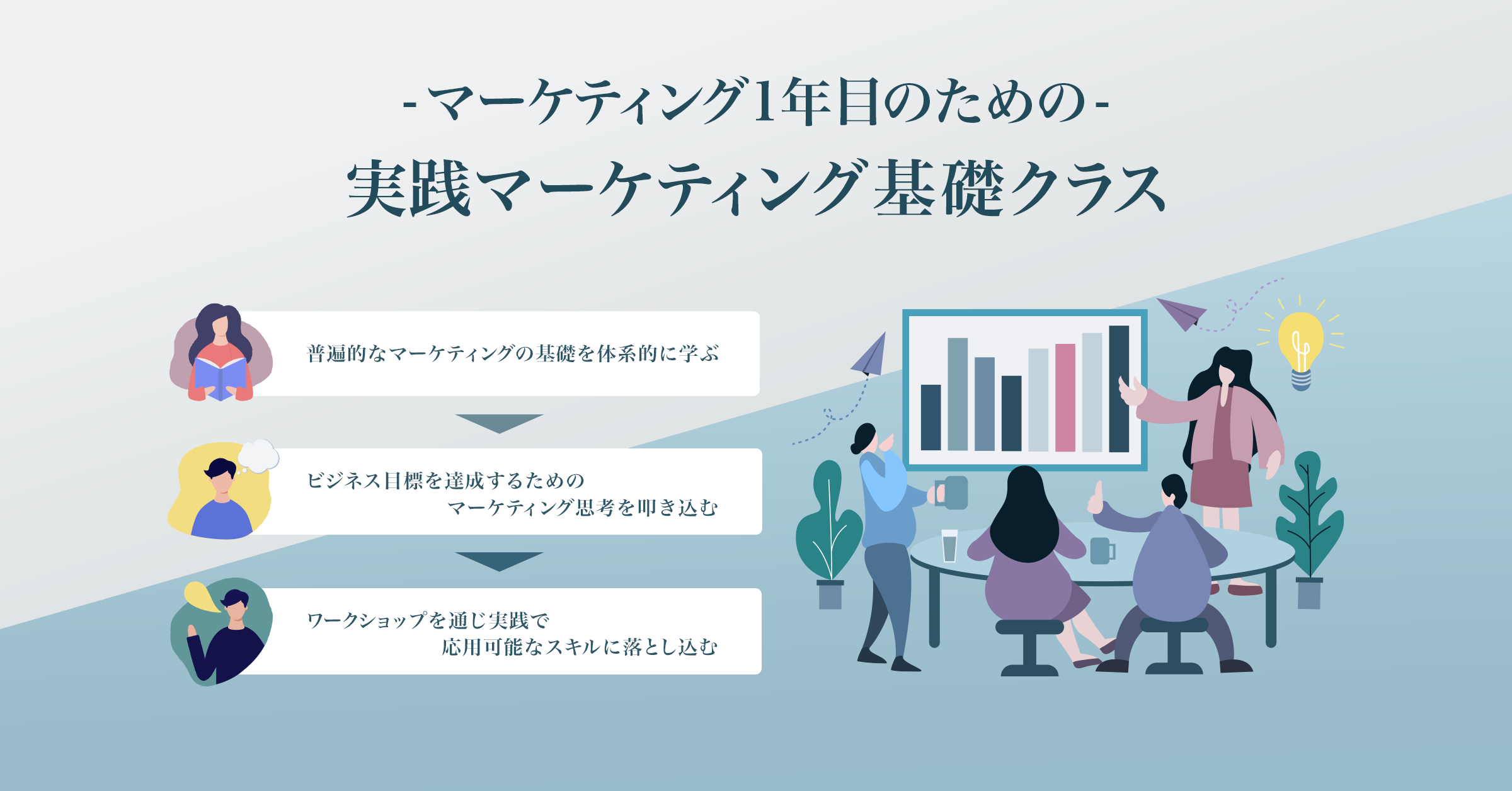 マーケ1年目のための- 実践マーケティング基礎クラス / 普遍的なマーケティングの基礎を体系的に学ぶ / ビジネス目標を達成するためのマーケティング思考を叩き込む / ワークショップを通じ実践で応用可能なスキルに落とし込む